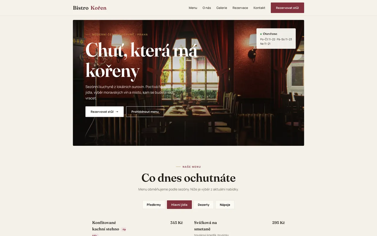 Bistro Kořen — náhled webu